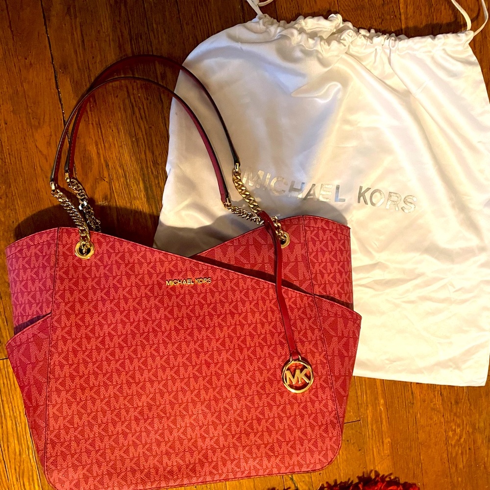 Michael Kors Jet Set Tote Signature Genuine Leather Trim ShoulderStrap Bag purse